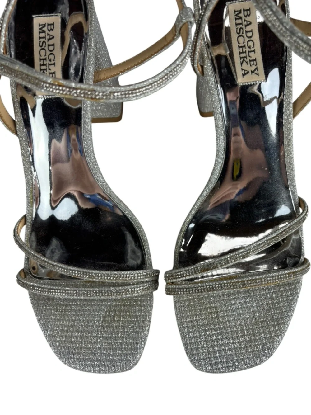 BADGLEY MISCHKA FIREY RHINESTONE SILVER BLOCK HEEL OPEN TOE HEELS